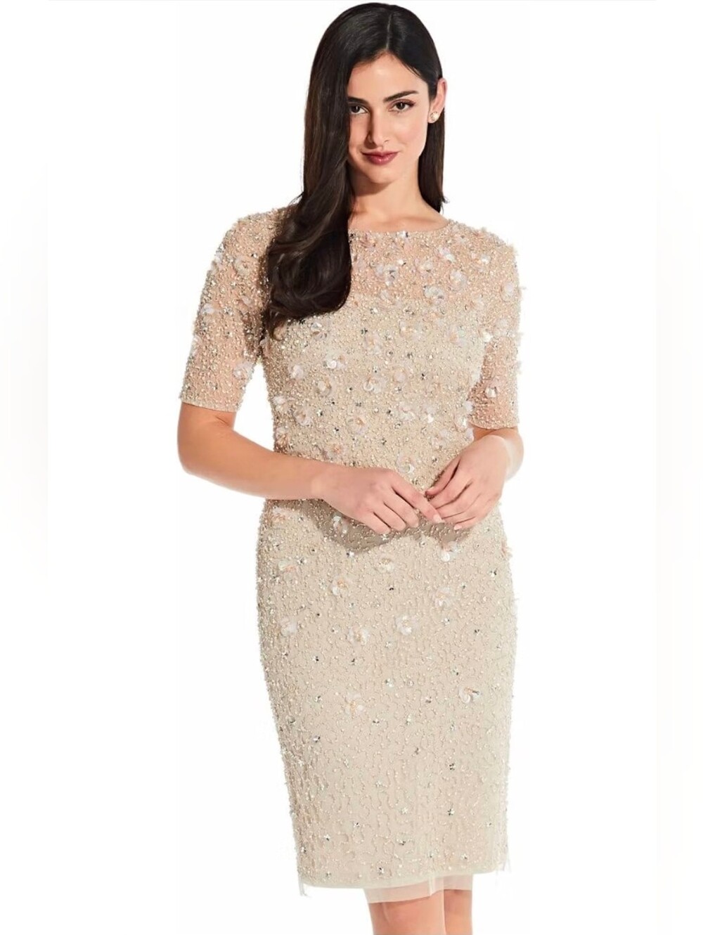 Adrianna Papell Beaded Midi Dress in Cream